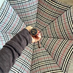 Vintage Burberry Plaid Plaid Umbrella with Wooden Handle